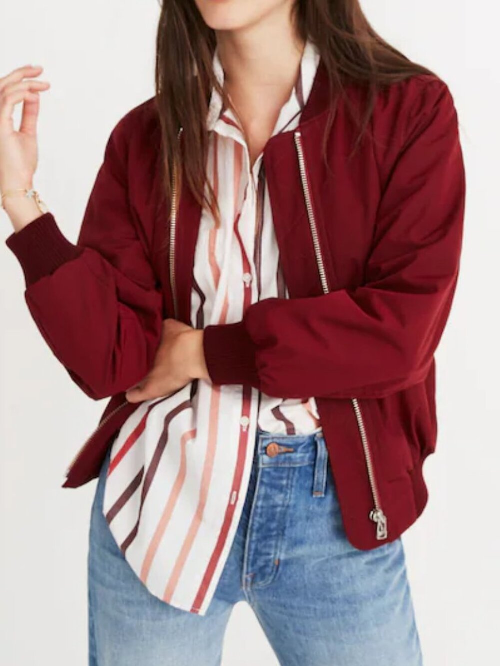 Madewell Side-Zip Bomber Jacket, Dusty Burgundy, Size Small - Picture 2 of 5